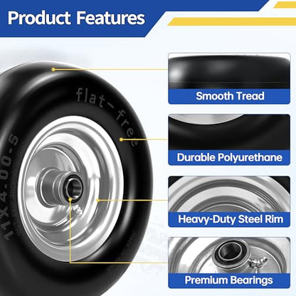 2 Pcs 11x4.00-5 Flat Free Lawn Mower Tire and Wheel, 3/4" & 5/8" Bearings - size: 2 Pcs 11x4.00-5 Flat Free
