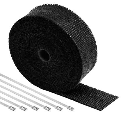 Exhaust Heat Wrap Roll for Motorcycle, 2 Inch x 50 Ft, Black Fiberglass Heat Shield Tape with Stainless Ties