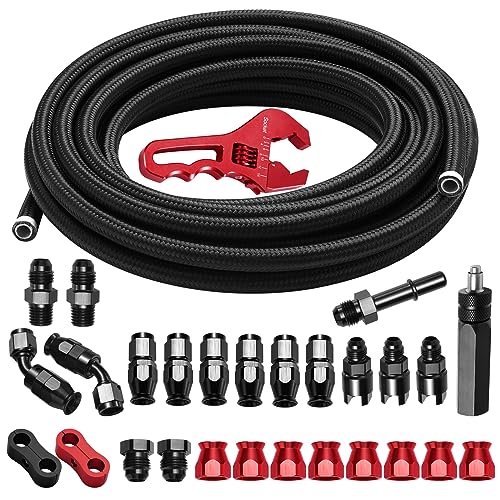 6AN PTFE Fuel Line Kit 25FT AN6 3/8" LS Swap EFI E85 Nylon Stainless Steel Braided Fuel Hose With 26PCS PTFE Hose End Fittings & Adapters Black - color: Black & Red, size: 6AN 25FT