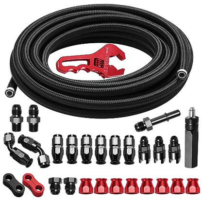 6AN PTFE Fuel Line Kit 25FT AN6 3/8" LS Swap EFI E85 Nylon Stainless Steel Braided Fuel Hose With 26PCS PTFE Hose End Fittings & Adapters Black - color: Black & Red, size: 6AN 25FT