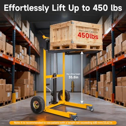 MMS Foldable Hydraulic Material Lift Winch Stacker, 450 Lbs 35.8" Max Lift w/ 9" Wheels 360° Swivel Casters, Pallet Truck Dolly, Fork Lift Table Cart, Pallet Jack, Removable Platform, Adjustable Forks