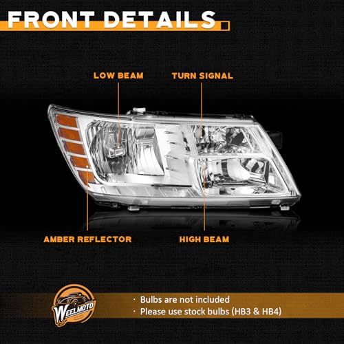 WEELMOTO Headlights for 2009-2020 Dodge Journey Chrome Right Halogen - color: Passenger Side, Clear Lens I Chrome Housing