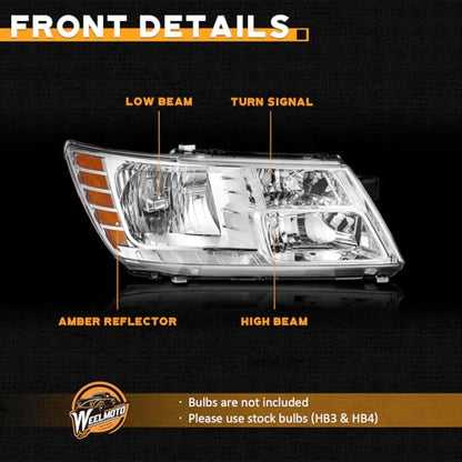 WEELMOTO Headlights for 2009-2020 Dodge Journey Chrome Right Halogen - color: Passenger Side, Clear Lens I Chrome Housing