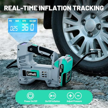 Litheli Tire Inflator Air Compressor, 20V Cordless Car Tire Pump with Digital Pressure Gauge 150PSI for Car Tire, Bike, Sport Ball, 2.0 Ah Battery & Charger