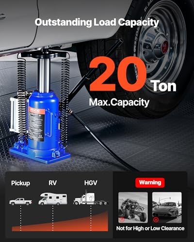 VEVOR Air Hydraulic Bottle Jack, 20 Ton (44092 lbs) Capacity, 10.2-19.5 Inch Lifting Range, Pneumatic/Manual Heavy Duty Welded Bottle Jack with Pump for Car, SUV, Pickup, Truck, RV, Auto Repair - color: blue