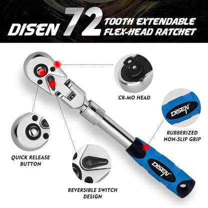 DISEN 3-Piece Extendable Flex-Head Ratchet Wrench Set with EVA Storage Case - 1/4", 3/8", 1/2" Drive, 72-Tooth, Rubber Grip, Adjustable Length - Professional Automotive and DIY Tools - color: Extendable Flex-head Ratchet