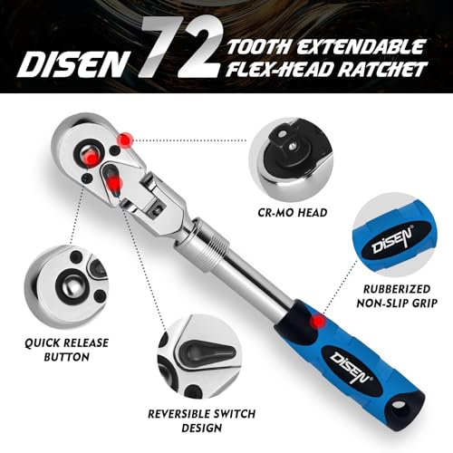 DISEN 3-Piece Extendable Flex-Head Ratchet Wrench Set with EVA Storage Case - 1/4", 3/8", 1/2" Drive, 72-Tooth, Rubber Grip, Adjustable Length - Professional Automotive and DIY Tools - color: Extendable Flex-head Ratchet