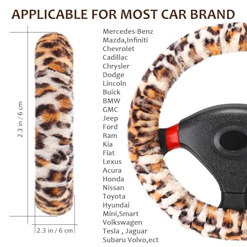 Accmor Fluffy Car Steering Wheel Cover, Universal Fuzzy Wheel Cover 14 1/2-15 & Handbrake Cover & Gear Shift Cover Set, Anti-Slip Leopard Warm Fur Vehicle Wheel Protector Car Accessories for Men Women - color: Beige/Leopard