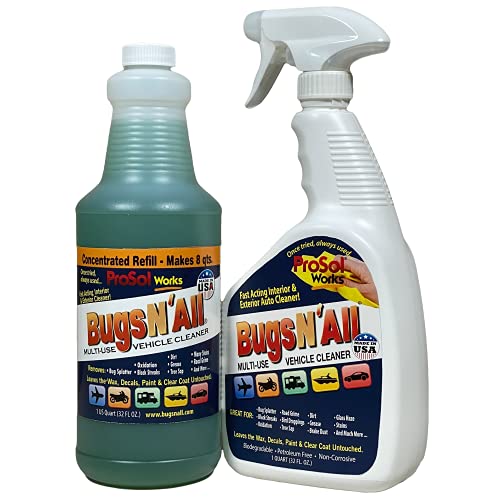 Bugs N’ All Multipurpose Car Cleaner & Degreaser - Bug & Tar Remover Concentrate 32 oz - Exterior Cleaner Safe for Car Paint, Metal, Chrome, Aluminum, Windows & Mirrors - w/Free 32 oz Spray Bottle - style: Multi-Surface Car Cleaner 32 oz