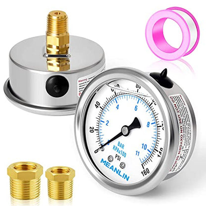 MEANLIN MEASURE 0~160Psi Stainless Steel 1/4" NPT 2.5" FACE DIAL Liquid Filled Pressure Gauge WOG Water Oil Air Center Back Mount, with 1/2" NPT and 3/8" NPT Hex Bushing - size: 0-160Psi