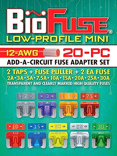 12 AWG Low Profile Mini ATT 20 Piece Automotive Car Fuse Assortment and Holders Set (2 Add-a-Circuit Tap Adapters, 18 LP-Mini Blade Fuses + Fuse Puller) 2A 3A 5A 7.5A 10A 15A 20A 25A 30A