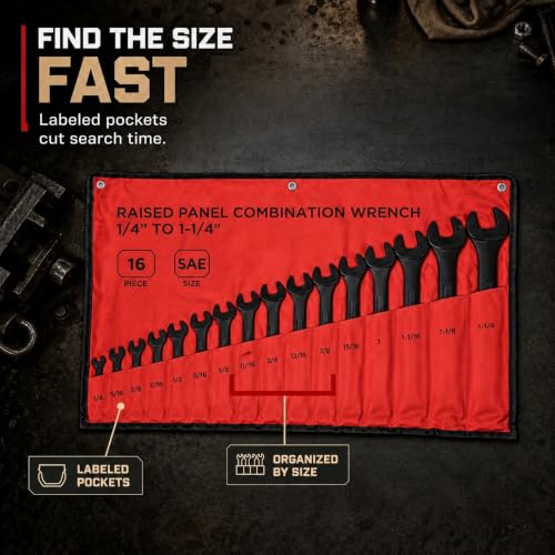 ABN Standard Wrenches Set - 16 Piece SAE Combination Wrench Set 1/4in to 1-1/4in SAE Wrench Set with Roll Up Pouch - size: SAE