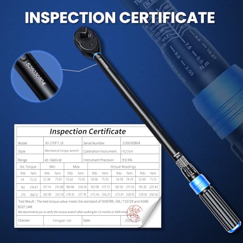 1/2 Inch Drive Click Torque Wrench, 30-270 Ft-Lbs & 40-366 N.m, ±3% Accuracy, 72-Tooth Ratchet, CR-MO Steel for Truck, SUV, Trailer, Automotive - with Storage Case - size: 1/2 Inch