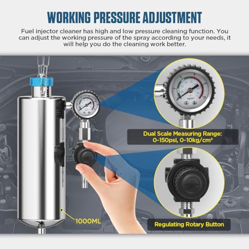 Fuel Injector Cleaner Tool Kit 1000ML 150PSI Disassembly-Free Fuel Injection System Cleaner Pressure Adjustment Fuel Injector Cleaning Machine with 20PC Adapter for Gasoline Car Throttle/Intake System