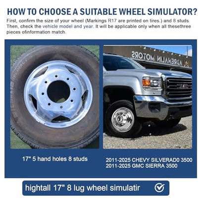 hightall 17 Wheel Simulators, 17" 8 Lug 5 Hand Holes Stainless Steel Hubcaps,Polished Surface,Bolts On Wheel Cover Set Compatible with 2011-2025 Chevy SILVERAD0 3500/GMC Sierra 3500 HD DRW - size: 17“For 2001-2007GMC3500 2003-2021G3500/G30