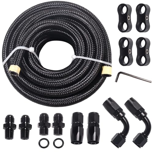 6AN 15FT 4L60E 4L65E Transmission Cooler Line Kit - Black,1/4"NPSM X 6AN -Steel-Black Nylon Braided Hose Kit Nylon Braided Fuel Line Hose Fitting Kit with 6AN 90 degree &Straight Hose Ends.