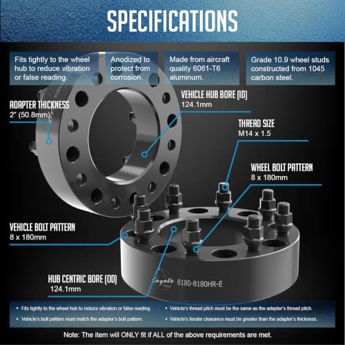 Wheel Accessories Parts 2 Pcs Wheel Spacers Adapters 8 on 180mm 2.00 Inch Thick 124.1mm Hub M14x1.5 14x1.5 Thread Stud Fits Chevy Silverado GMC Sierra 2500 3500 Single Rear Wheel (SRW) - size: No Lip, style: 2.00" Alum (2 Pack)