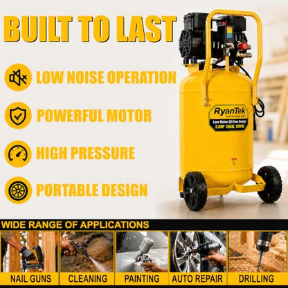15-Gallon Air Compressor, 2HP, Quiet 66dB, 4.5CFM@90PSI