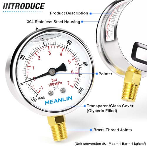 MEANLIN MEASURE -30inHG~100Psi Stainless Steel 1/4" NPT 2.5" FACE DIAL Vacuum Pressure Gauge, Lower Mount, with 1/2" NPT and 3/8" NPT Hex Bushing - size: -30inHG-100Psi