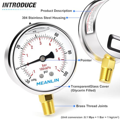 MEANLIN MEASURE -30inHG~100Psi Stainless Steel 1/4" NPT 2.5" FACE DIAL Vacuum Pressure Gauge, Lower Mount, with 1/2" NPT and 3/8" NPT Hex Bushing - size: -30inHG-100Psi