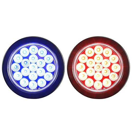Partsam 2Pcs 4 Inch Dual Revolution Round Red Stop Turn Tail Lights to Blue Auxiliary Lights 19 Diodes w/Rubber Grommet 3-Prong Wire Pigtails Red/Blue 4" Round Led Trailer Tail Lights 12V Clear Lens - color: Red/Blue