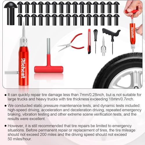 Richcat Tubeless Tire Puncture Repair Kit with Mushroom Plug, Repairs punctures and Flat Tires for Motorcycles, Cars, Trucks, ATVs and Tractors - size: 30Plugs Kit