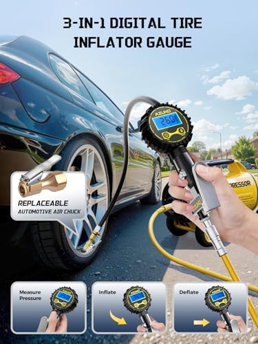 Tire Pressure Gauge, 3-in-1 Digital Tire Inflator with Air Blow Gun, 200PSI for Car Truck Motorcycle, with LED Screen, 4 Units for Air Compressor (1/4" NPT) - size: Standard with Air Guns