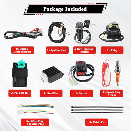50cc Quad Wiring Harness Complete Kit with Half Wave Regulator - style: Half-Wave Regulator & Orange A7TC Spark Plug