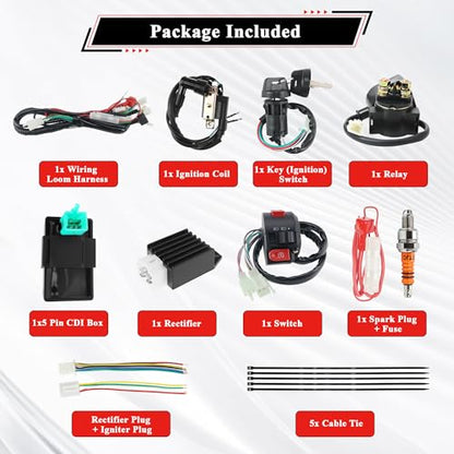 50cc Quad Wiring Harness Complete Kit with Half Wave Regulator - style: Half-Wave Regulator & Orange A7TC Spark Plug