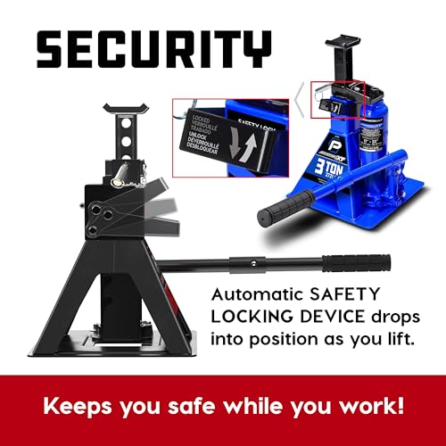 POWERBUILT 3 Ton All-in-One Hydraulic Bottle Jack and Jackstand in One, Compact, Wide Base, 11-21 Inch Range, Eliminates Jackstands, for Trucks, SUVs, RVs, Trailers, ASME, Not for Sedans - 640912 - color: blue
