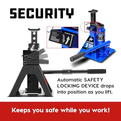 POWERBUILT 3 Ton All-in-One Hydraulic Bottle Jack and Jackstand in One, Compact, Wide Base, 11-21 Inch Range, Eliminates Jackstands, for Trucks, SUVs, RVs, Trailers, ASME, Not for Sedans - 640912 - color: blue