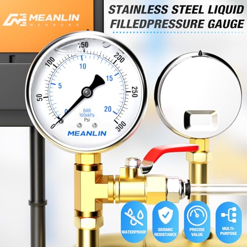 MEANLIN MEASURE 0~300Psi Stainless Steel 1/4" NPT 2.5" FACE DIAL Liquid Filled Pressure Gauge WOG Water Oil Air Lower Mount, with 1/2" NPT and 3/8" NPT Hex Bushing - size: 0-300Psi