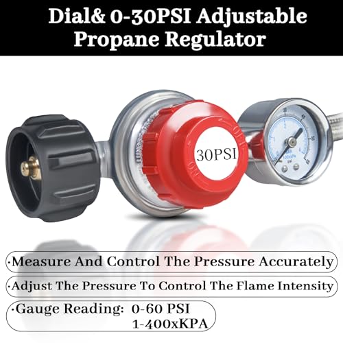 12FT 0-30PSI High Pressure Adjustable Propane Regulator with 0-60PSI Gauge Gas Flow Indicator, Stainless Steel Braided Hose and Gas Grill Regulator, QCC1x3/8 Female Flare Fitting for Gas Tank Cooker