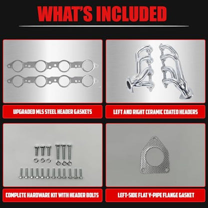 Ceramic Coated Exhaust Headers 2002–2013 Chevy Silverado Sierra Tahoe Yukon Escalade Manifold Replacement 4.8L 5.3L 6.0L 6.2L LS Engines With Right Side Beveled Flange by Certified Automotive Experts - size: Ceramic Coated Exhaust Headers