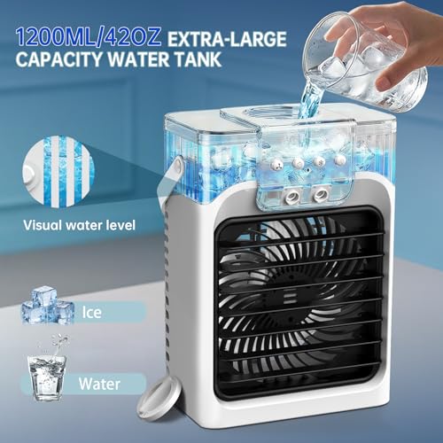 Portable Air Conditioners, 4 in 1 Cooling Fan with 3 Speeds & 3 Mist Modes,1200ml Water Tank, 2-8H Timer, Remote Control, 7 Color Night Light, Quiet Small Air Cooler for Bedrooms Office Car