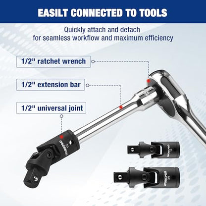 WORKPRO Universal Joint Socket Adapter Set, 3-Piece, 1/4", 3/8", 1/2" Drive