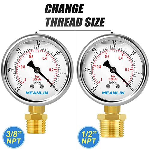 MEANLIN MEASURE -30inHG~0Psi Stainless Steel 1/4" NPT 2.5" FACE DIAL Vacuum Pressure Gauge, Lower Mount, with 1/2" NPT and 3/8" NPT Hex Bushing - size: -30inHG-0Psi