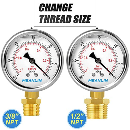 MEANLIN MEASURE -30inHG~0Psi Stainless Steel 1/4" NPT 2.5" FACE DIAL Vacuum Pressure Gauge, Lower Mount, with 1/2" NPT and 3/8" NPT Hex Bushing - size: -30inHG-0Psi