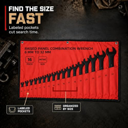 ABN Combination Wrench Set – 16 Pc Raised Panel Metric Wrench Set with Wrench Roll Up Pouch, Black Spanner Wrench Set - size: Metric