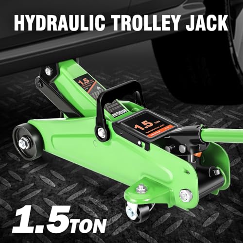DNA MOTORING Low Profile Hydraulic Trolley Service/Floor Jack, 1.5 Ton (3000 lbs) Capacity, Lifting Range 5.3"-12", Green, TOOLS-00326-GR - color: Green, style: 1.5 ton
