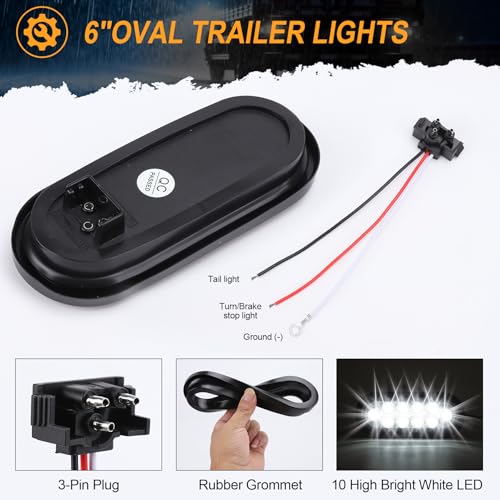 6-Inch Oval White LED Trailer Tail Lights 2PCS, 10 LEDs Stop Turn Tail Brake Lights, DOT Certified, IP67 Waterproof Surface Mount, for Truck RV Boat Trailer - color: 03-2PCS WHITE