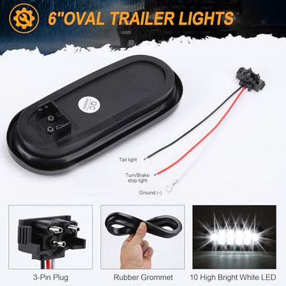 6-Inch Oval White LED Trailer Tail Lights 2PCS, 10 LEDs Stop Turn Tail Brake Lights, DOT Certified, IP67 Waterproof Surface Mount, for Truck RV Boat Trailer - color: 03-2PCS WHITE
