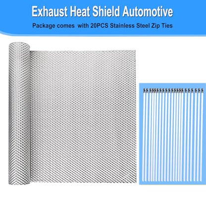 16" x 78.7" Exhaust Heat Shield Kit – High-Temp Muffler/Engine Embossed Aluminum Heat Shield with 20PCS Stainless Steel Cable Ties for Automotive & Motorcycle