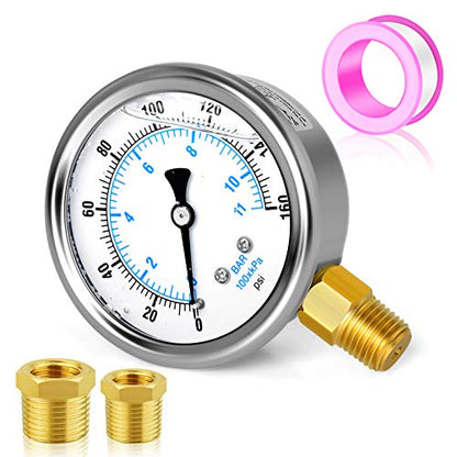 MEANLIN MEASURE 0~160Psi Stainless Steel 1/4" NPT 2.5" FACE DIAL Liquid Filled Pressure Gauge WOG Water Oil Air Lower Mount, with 1/2" NPT and 3/8" NPT Hex Bushing - size: 0-160Psi