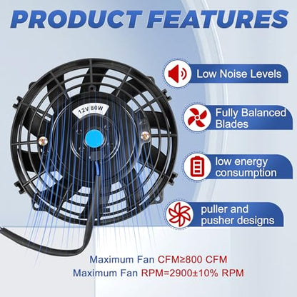7 Inch 7” Black Universal Electric Radiator Slim Fan 12V 80W High Performance Cooling Push Pull w/Mounting Kit 1PCS - size: 7” 1PC