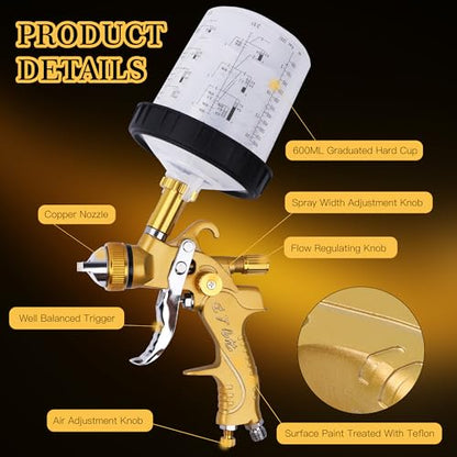 HVLP Spray Gun Kit, 4 Nozzles,10 Disposable Paint Cup System,Gold - color: gold