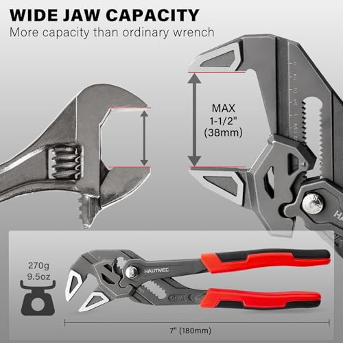 HAUTMEC Adjustable Pliers Wrench, 7-Inch Smooth Jaw Parallel Pliers, Heat-Treated CR-V Steel & Phosphated Rust-Resistant, SAE/Metric Scale, Storage Belt Pouch for Professional Plumbing & DIY - color: 7 Inch