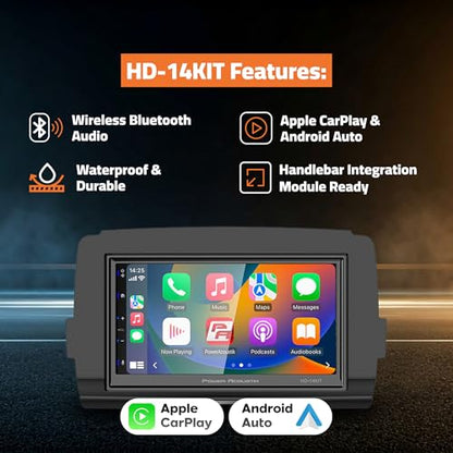 Power Acoustik HD-14KIT 7” Replacement Motorcycle Head Unit for 2014+ Harley-Davidson Touring Motorcycles, Wireless Apple Carplay & Android Auto, Touchscreen with Bluetooth and Handlebar Control