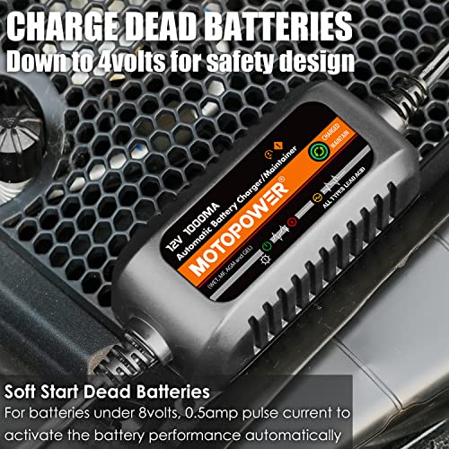 MOTOPOWER MP00205B 12V 1000mA Automatic Battery Charger, Battery Maintainer, Trickle Charger, and Battery Desulfator with Timer Protection - Black Edition - color: b) - Black