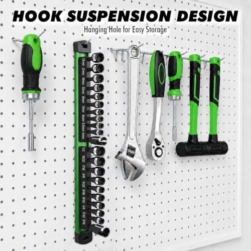 22-Piece Magnetic Nut Driver Set, Metric & SAE (5-13mm & 3/16"-1/2"), 1/4" Hex Shank Impact Bit Set, Wing Nut Driver Bits, Magnetic Aluminum Storage Rail - color: Nut Driver Set With Rail Green